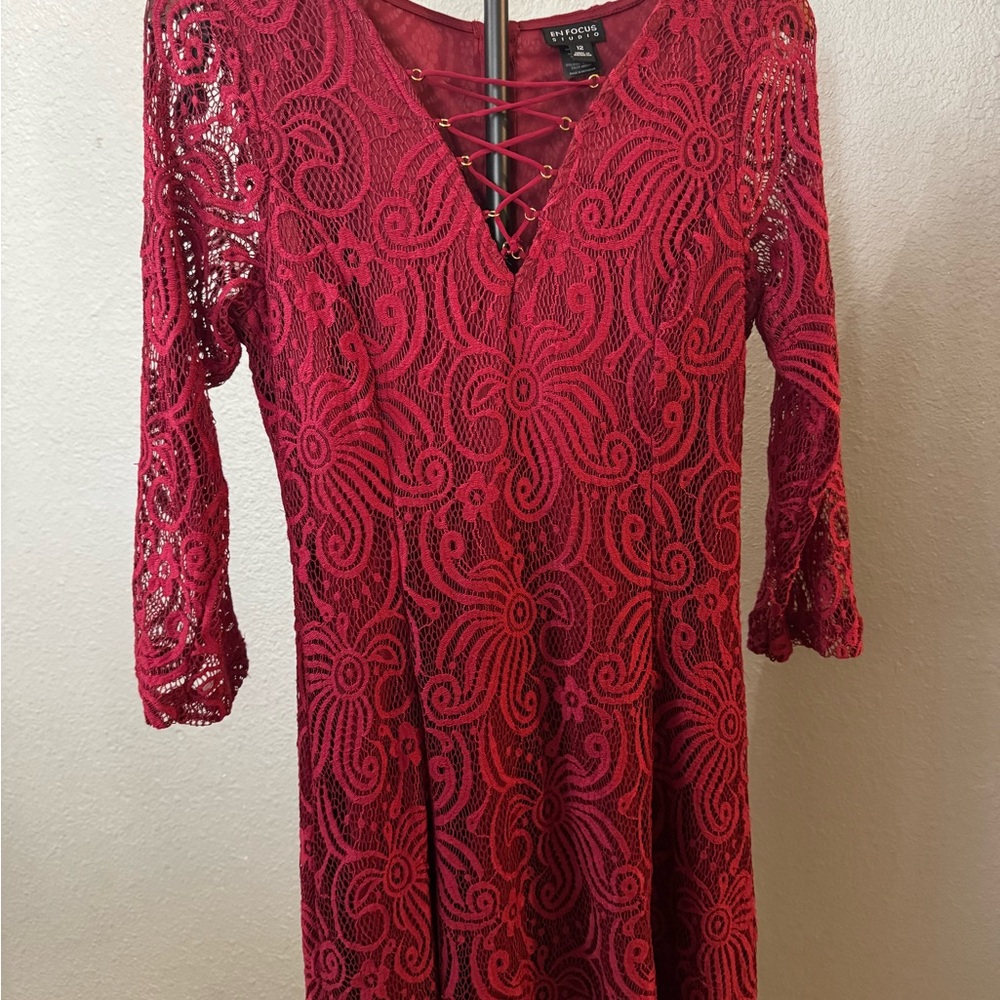Enfocus Studio Red Lace Lace-Up V-Neck Midi burgundy color Dress